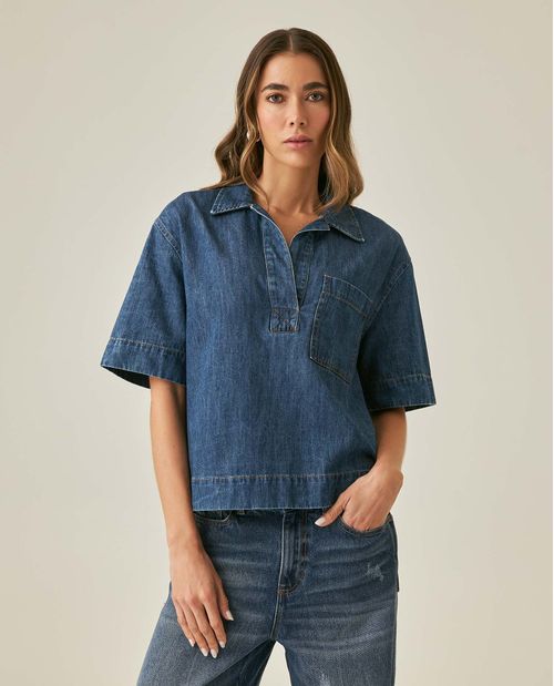 Camisa de Mujer Boxi Relaxed Fit Manga Corta Bordado Posterior Lavado Medio en Algodón