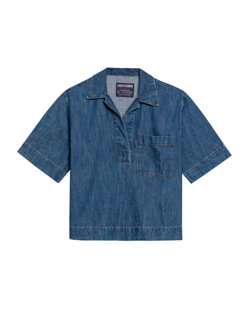 Camisa de Mujer Boxi Relaxed Fit Manga Corta Bordado Posterior Lavado Medio en Algodón