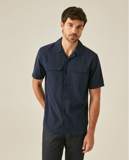 Camisa de Hombre Manga Corta Classic Fit Bolsillos de Parche Mini Solapa en Mezcla de Lyocell y Algodón