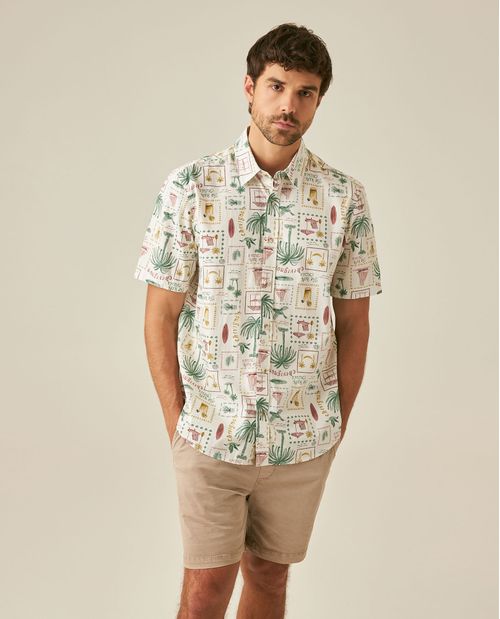Camisa de Hombre Manga Corta Classic Fit Resort Estampado Continuo de Palmeras en Algodón