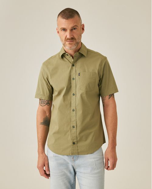 Camisa de Hombre Manga Corta Slim Fit Cuello Spread con Paletas en Popelina en Mezcla de Algodón