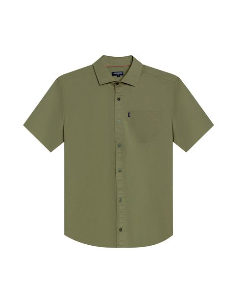 Camisa de Hombre Manga Corta Slim Fit Cuello Spread con Paletas en Popelina en Mezcla de Algodón