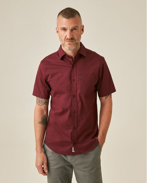 Camisa de Hombre Manga Corta Slim Fit Cuello Spread con Paletas en Popelina en Mezcla de Algodón