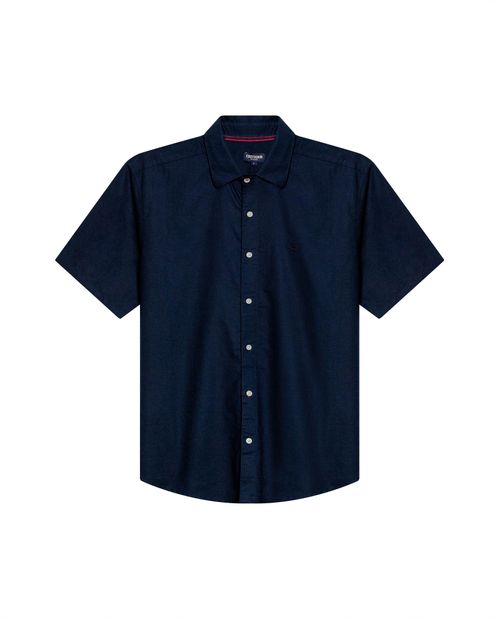 Camisa de Hombre Manga Corta Classic Fit Pato Bordado Tono a Tono en Mezcla de Algodón y Lino