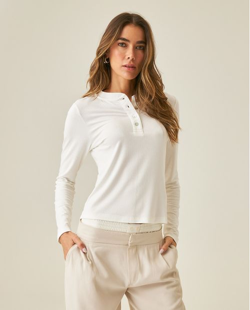 Camiseta de Mujer Moda Ajustada Cuello Nerú Media Perilla Textura Acanalada en Mezcla de Viscosa