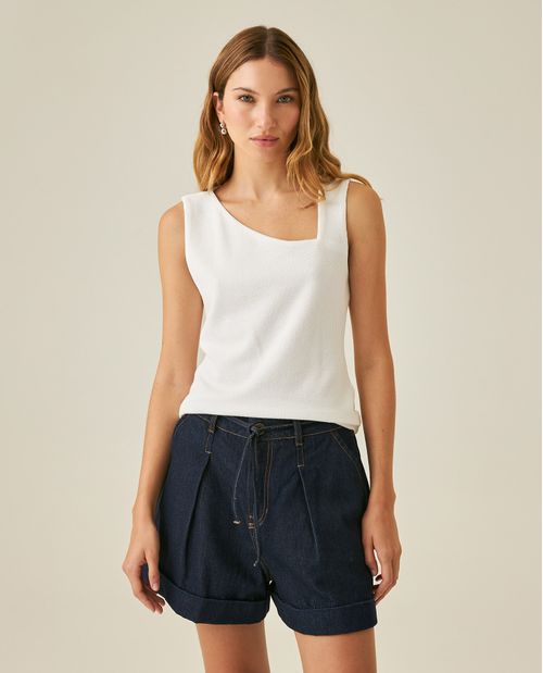 Camiseta de Mujer Moda Ajustada Escote Asimétrico Manga Sisa con Forro en Mezcla Técnica