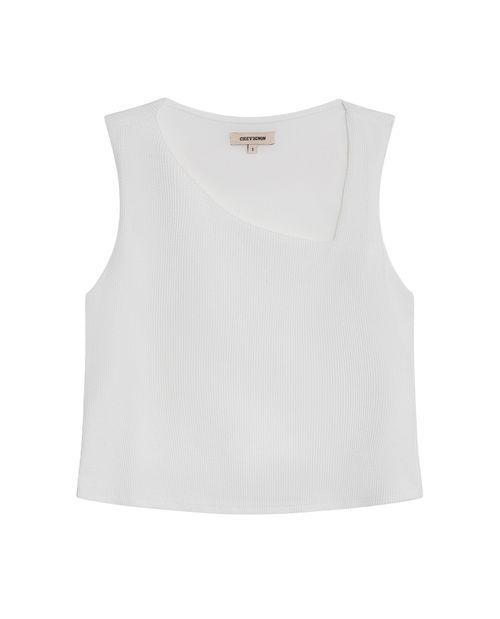 Camiseta de Mujer Moda Ajustada Escote Asimétrico Manga Sisa con Forro en Mezcla Técnica