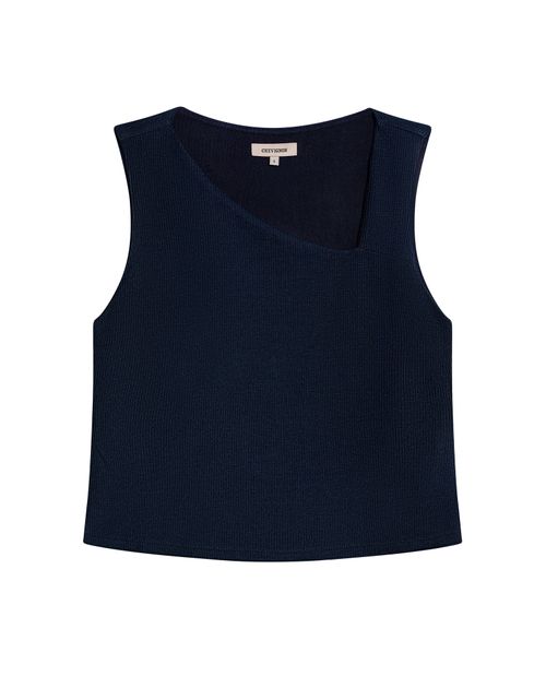 Camiseta de Mujer Moda Ajustada Escote Asimétrico Manga Sisa con Forro en Mezcla Técnica