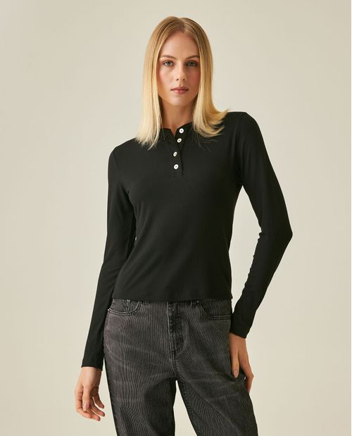 Camiseta de Mujer Moda Ajustada Cuello Nerú Media Perilla Textura Acanalada en Mezcla de Viscosa