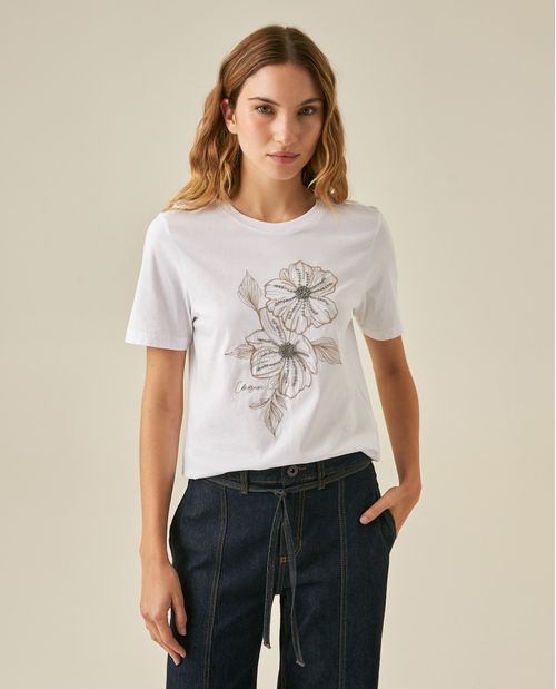 Camiseta de Mujer Gráfica Slim Fit Cuello Redondo con Bordado Mostacillas y Canutillos en  Algodón