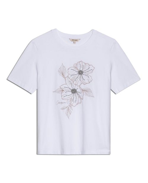 Camiseta de Mujer Gráfica Slim Fit Cuello Redondo con Bordado Mostacillas y Canutillos en  Algodón