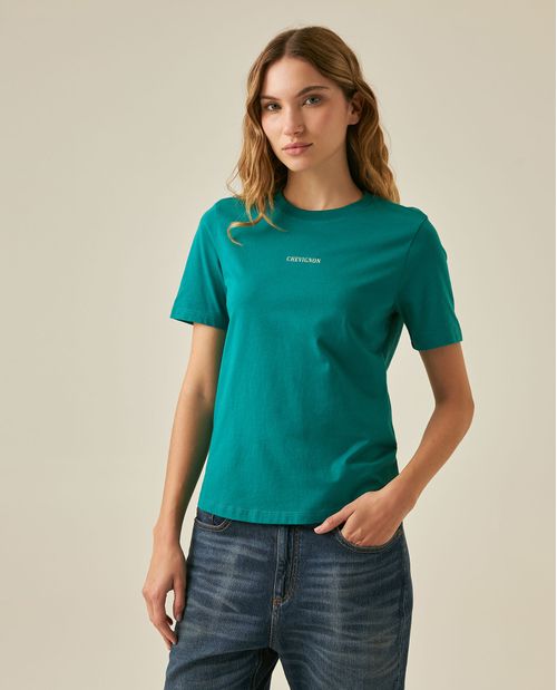 Camiseta de Mujer Gráfica Slim Fit Cuello Redondo con Piedras al Calor en Espalda en  Algodón