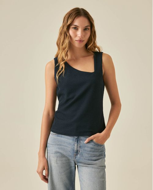 Camiseta de Mujer Moda Ajustada Escote Asimétrico Manga Sisa con Forro en Mezcla Técnica