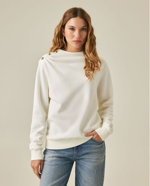 Buzo de Mujer Cerrado Cuello Redondo Detalles en Hombro Texturizada en Mezcla de Algodón