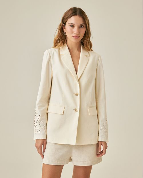 Blazer de Mujer Cuff Embroidery con Bordado Flores en Mangas en Mezcla de Lino