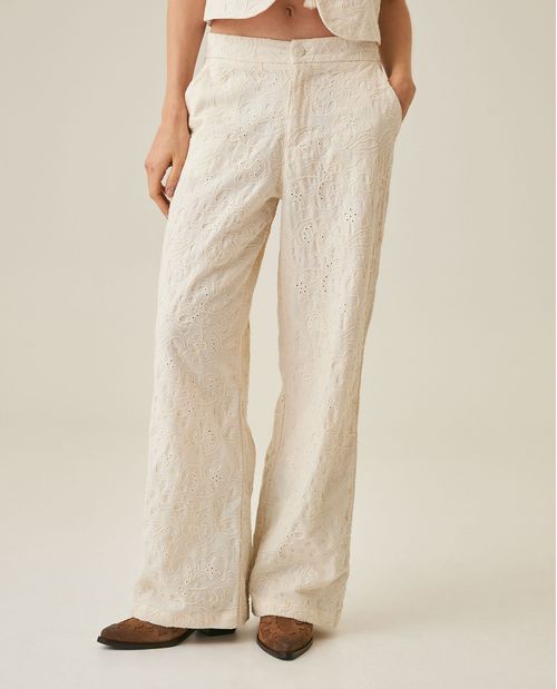 Pantalón de Mujer Silueta Recta Tiro Alto con Bordado Continuo en Mezcla de Lino