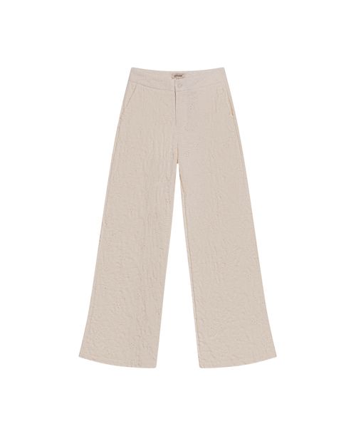 Pantalón de Mujer Silueta Recta Tiro Alto con Bordado Continuo en Mezcla de Lino