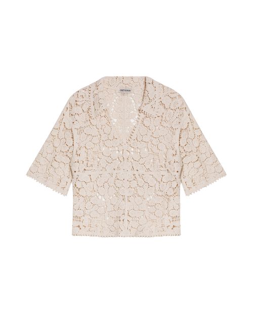 Camisa de Mujer Tejida Tipo Crochet Cuello Camisero Silueta Relajada en Mezcla de Algodón