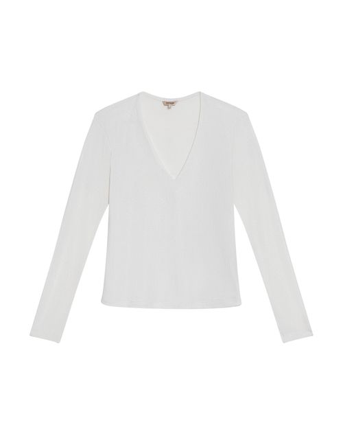 Camiseta de Mujer Moda Ajustada Escote en V Manga Larga con Lurex Plateado en Mezcla de Poliéster