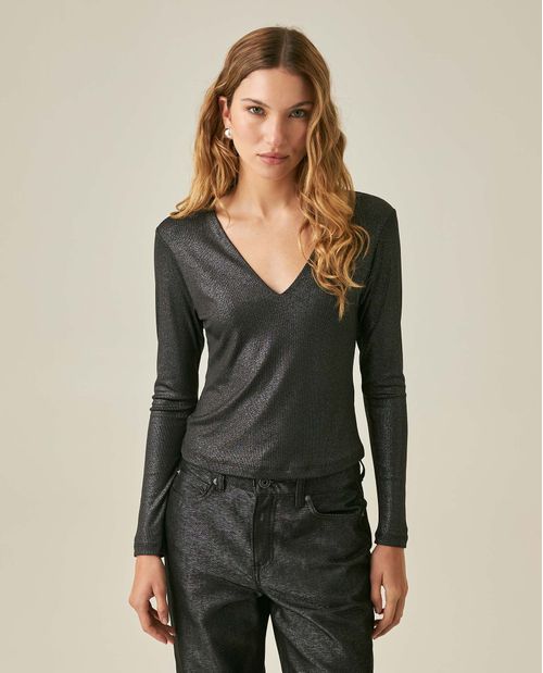 Camiseta de Mujer Moda Ajustada Escote en V Manga Larga con Lurex Plateado en Mezcla de Poliéster