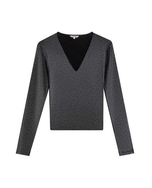 Camiseta de Mujer Moda Ajustada Escote en V Manga Larga con Lurex Plateado en Mezcla de Poliéster