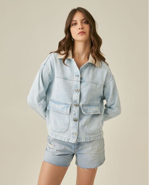 Chaqueta de Mujer Trucker Cuello Cuero Lavado Claro en Algodón