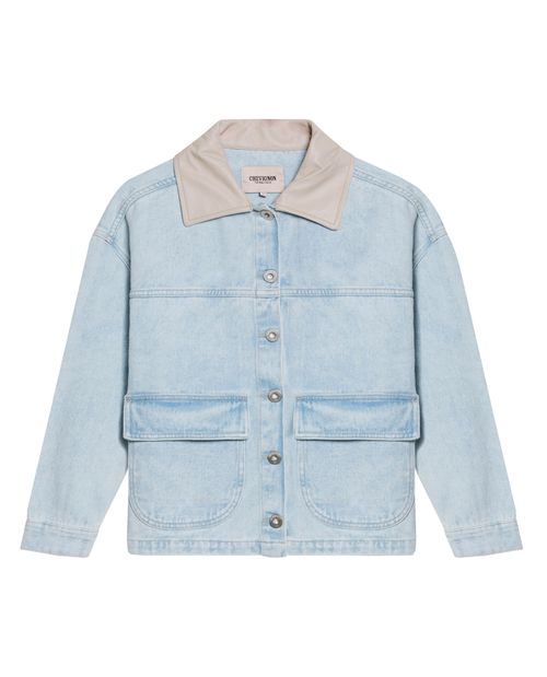 Chaqueta de Mujer Trucker Cuello Cuero Lavado Claro en Algodón