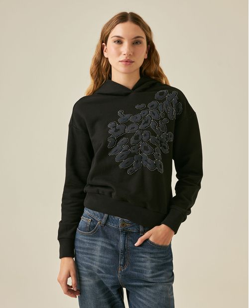 Buzo de Mujer Tipo Hoodie con Capucha Loose Fit Animal Print Flock Piedras en Mezcla de Algodón