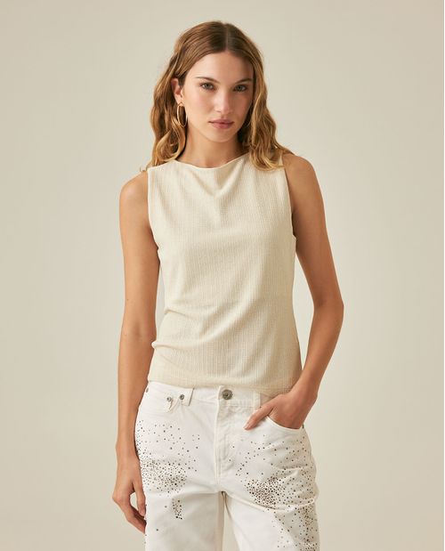 Camiseta de Mujer Moda Escote Redondo Manga Sisa Efecto Tejido con Lurex Plateado en Mezcla de Poliéster