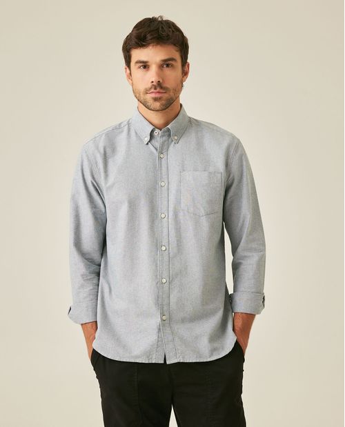 Camisa de Hombre Manga Larga Regular Fit Button Down Bolsillo Espada Tela Oxford en Algodón
