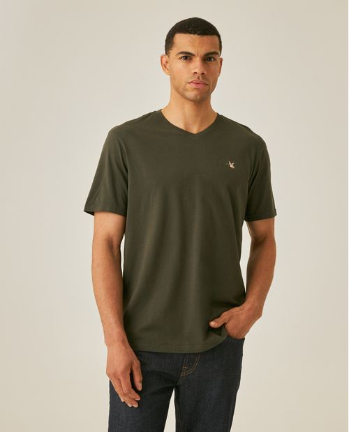 Camiseta de Hombre Slim Fit Manga Corta Cuello en V Pato Bordado en Algodón