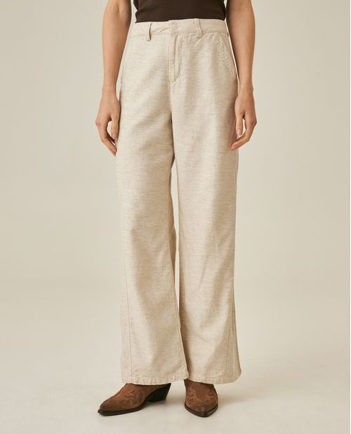 Pantalón de Mujer Wide Leg Tiro Alto con Bordado Tono a Tono Corte Diagonal en Mezcla de Algodón, Viscosa y Lino