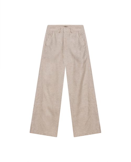 Pantalón de Mujer Wide Leg Tiro Alto con Bordado Tono a Tono Corte Diagonal en Mezcla de Algodón, Viscosa y Lino