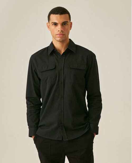 Camisa de Hombre Manga Larga Regular Fit Bolsillos de Parche Diagonal Marcada Twill en Algodón