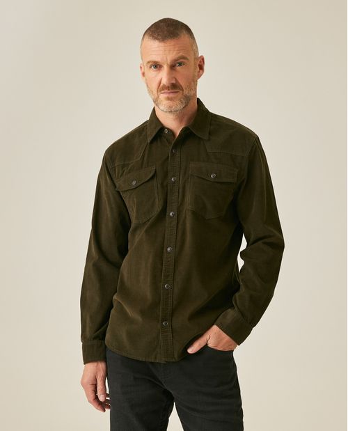 Camisa de Hombre Manga Larga Regular Fit Western en Corduroy Bolsillos con Broches en Algodón