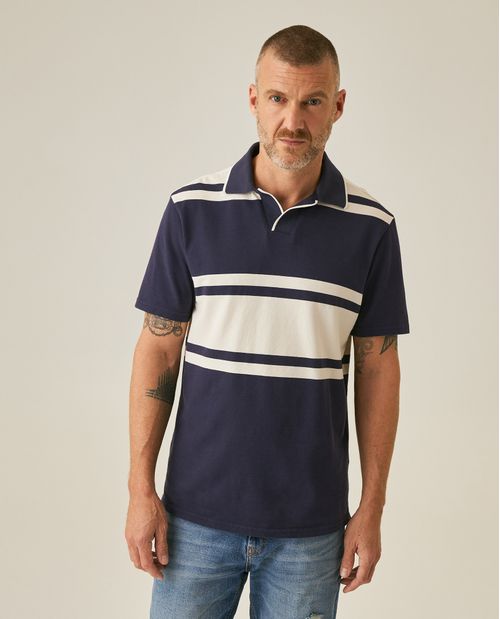 Camisa Polo de Hombre Slim Fit Summer Rayas Preteñidas Efecto Lino Tela Piqué en Mezcla de Algodón