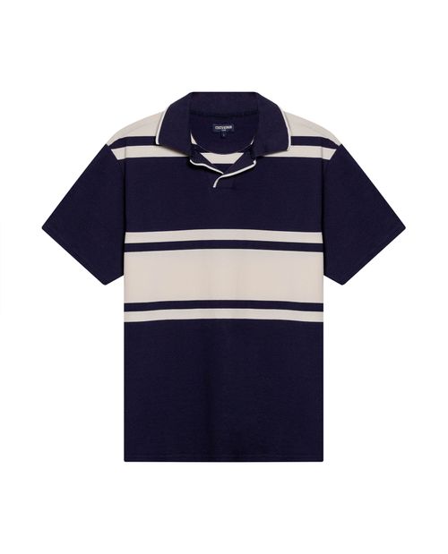 Camisa Polo de Hombre Slim Fit Summer Rayas Preteñidas Efecto Lino Tela Piqué en Mezcla de Algodón