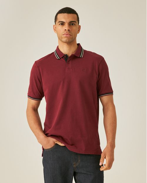 Camisa Polo de Hombre Slim Fit Manga Corta con Perilla Interna Líneas Contraste Tela Piqué en Mezcla de Algodón