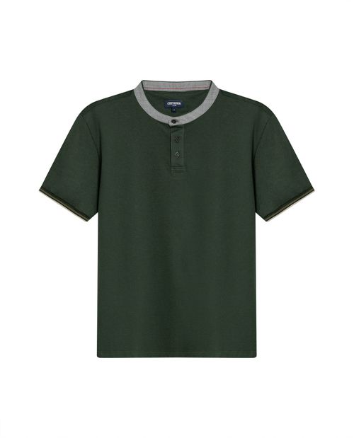 Camisa Polo de Hombre Slim Fit Cuello Nerú con Banda en Contraste en Mezcla de Algodón