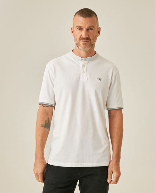 Camisa Polo de Hombre Slim Fit Cuello Nerú con Banda en Contraste en Mezcla de Algodón