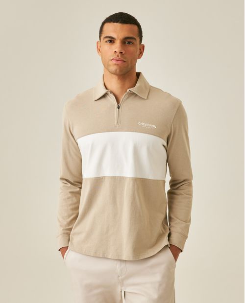 Camisa Polo de Hombre Classic Fit Manga Larga Varsity con Cierre Efecto Desgaste en Algodón