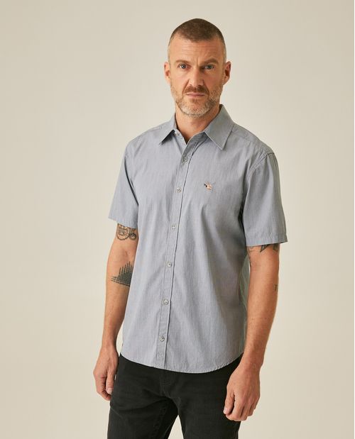 Camisa de Hombre Manga Corta Slim Fit Fill&Fill Detalles en Rojo en Mezcla de Algodón y Lino