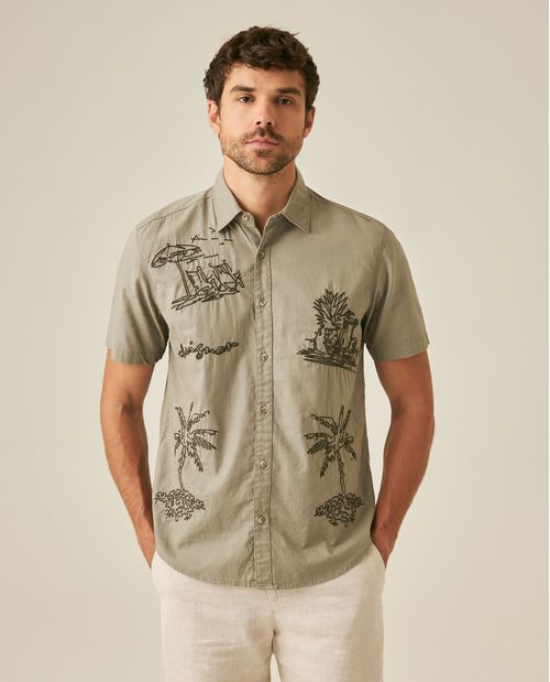 Camisa de Hombre Manga Corta Classic Fit Resort Bordados de Palmeras en Algodón