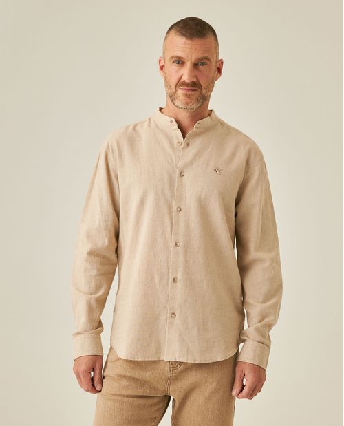 Camisa de Hombre Manga Larga Cuello Nerú Regular Fit Efecto Semillas en Mezcla de Lino y Algodón