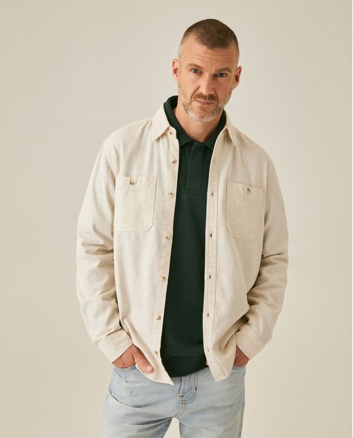 Camisa de Hombre Manga Larga Regular Fit Bolsillos de Parche Lino de Denim en Mezcla de Algodón y Viscosa