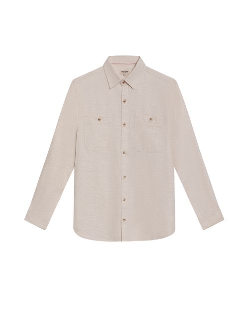 Camisa de Hombre Manga Larga Regular Fit Bolsillos de Parche Lino de Denim en Mezcla de Algodón y Viscosa