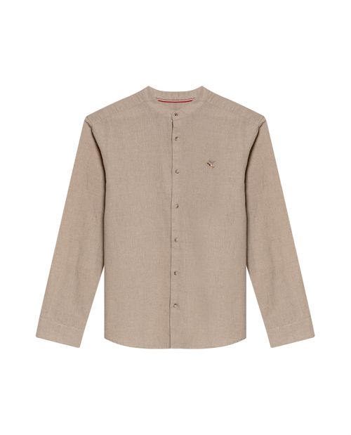 Camisa de Hombre Manga Larga Cuello Nerú Regular Fit Efecto Semillas en Mezcla de Lino y Algodón