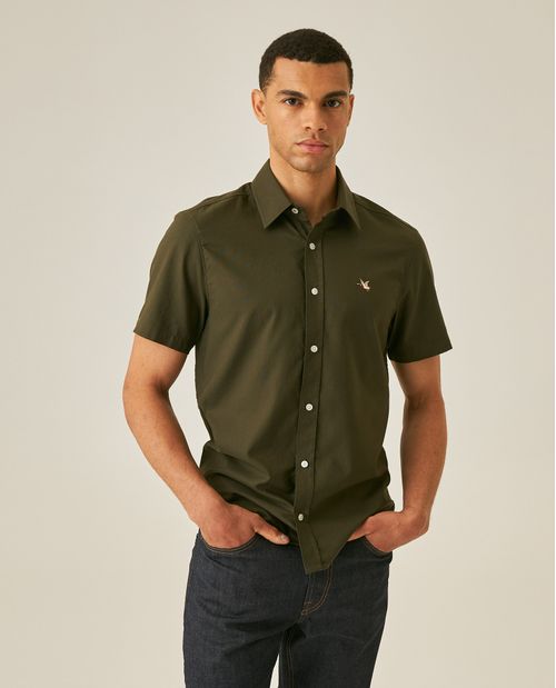 Camisa de Hombre Manga Corta Slim Fit Pato Bordado Tela Oxford en Algodón