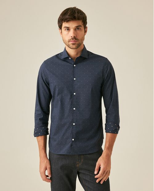 Camisa de Hombre Manga Larga Slim Fit Dobby Contraste Miniprint en Mezcla de Algodón y Coolmax