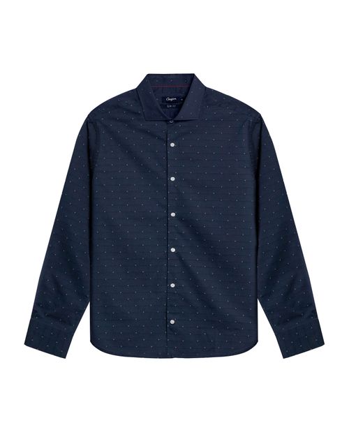 Camisa de Hombre Manga Larga Slim Fit Dobby Contraste Miniprint en Mezcla de Algodón y Coolmax